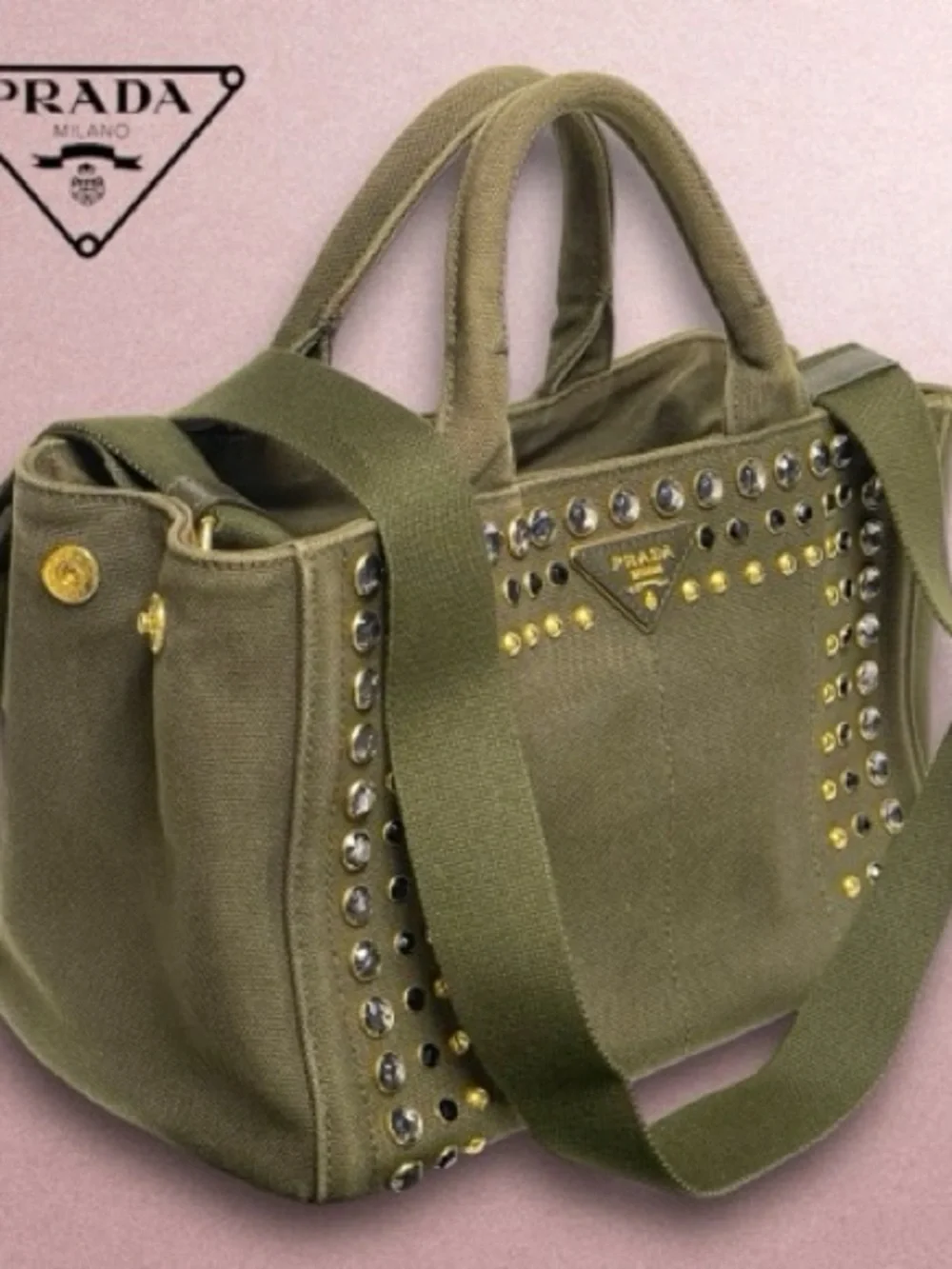 Prada Kanapa Olive Canvas Tote with Crystal and Gold Studs - Picture 2 of 6